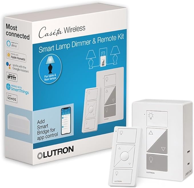 Lutron Caseta Plug-In Smart Lamp Dimmer Switch Kit with Pico Remote (Lutron Hub Required), Smart Light Switch Dimmer for Floor & Table Lamps, LED Lights, P-PKG1P-WH, White