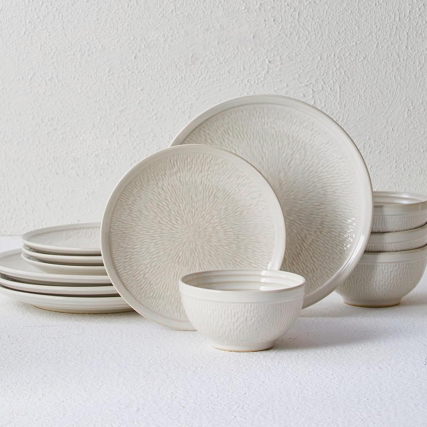 Pokini Dinnerware Sets, Beige Relief Plates and Bowls Sets, 12 Pieces Stoneware Dinnerware Set Service for 4, Vintage Look Dish Set Clearance, Handmade Highly Chip and Crack Resistant Dishes