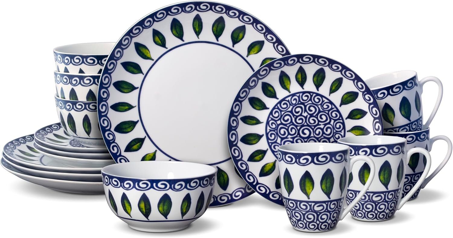 Mikasa Vienna 16 Piece Dinnerware Set | Elegant and Lightweight White Porcelain with Green Leaf & Blue Scroll Design | Service for 4 | Microwave & Dishwasher Safe
