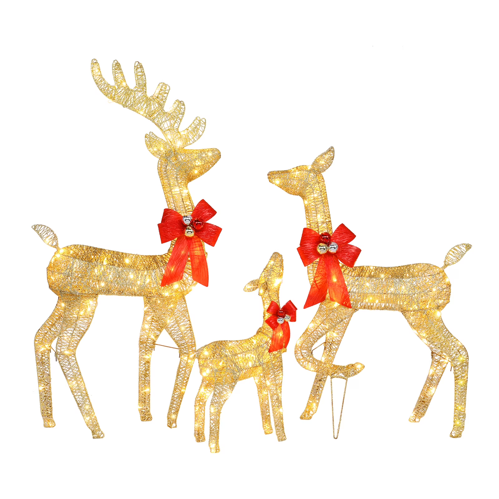 3pc Family Elk Yard Decorations - Golden Iron Frame Cotton Thread Outdoor Holiday Lights, 120cm Tall, Green Onion Powder Finish, UL Listed 120V, Courtyard Festive Ambiance